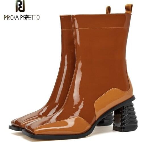 Cowhide High-heeled Short Boots Autumn New Retro Square Toe Color Matching Profiled Heel Side Zipper Womens Single Boots