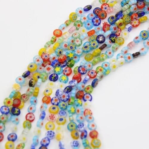 10strand/lot 6/8/10mm Flat Round Millefiori Flower Lampwork Bead,Multicolor Coloured Glaze Glass Craft Loose Bead Jewelry Making