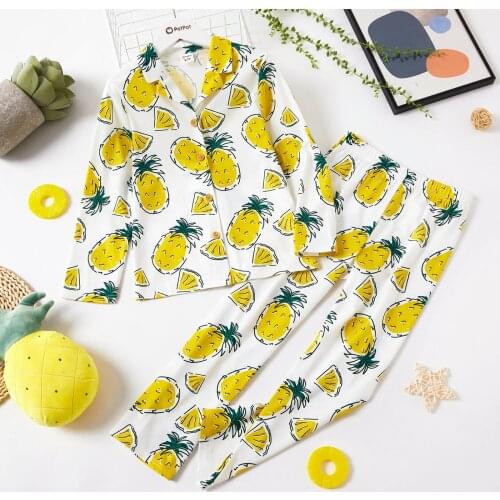 PatPat 2-piece Kid Girl/Kid Boy Pajamas Set, Fruit Strawberry/Pineapple Print Button design Lapel Collar Top and Elasticity Pant