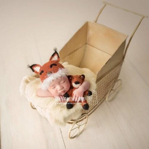 Newborn Fox Bonnet Match Stuffed fox toy Knit Baby boy animal hat with toy set Photography props Teddy bear Bunny set