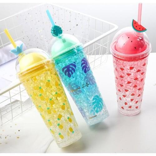 450ML Double Layer Cooling Straw Cup Ice Water Cup In Summer Ins Wind Ice Cup Creative Cute Water Bottle Cup With Straw