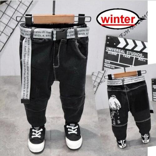 Winter Fashion Cartoon Printing Kids Jeans for Girls Boys Jeans for Baby Casual Black Pants Children Trousers 2-7years