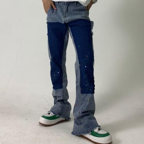 High Street Distressed Design Men Jeans Micro Flared Pants Women Baggy Jeans Hip Hop Color Contrast Splicing Jeans Navel Cloth