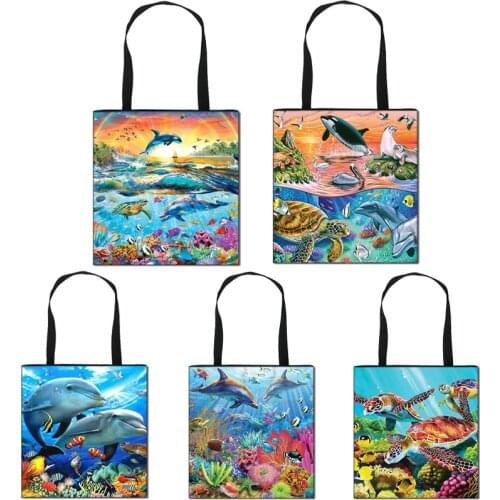 Whale /Shark/Turtle Print Canvas Shopping Tote woman Shoulder Bag Sea Life Shopping Handbags Girls bookbag Lady Travel Bag