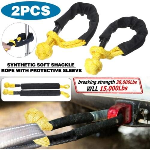 2pc 38000 Lbs Synthetic Fiber Soft Shackle For Car Flexible ATV Winch Rope Towing Recovery Straps Yellow Nylon Cable Repair Tool