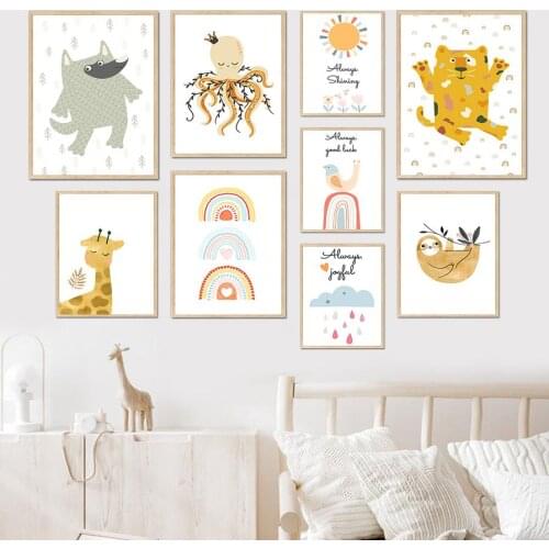 Cartoon Tiger Wolf Giraffe Rainbow Abstract Cartoon Art Canvas Painting Nordic Posters And Prints Wall Pictures Kids Room Decor
