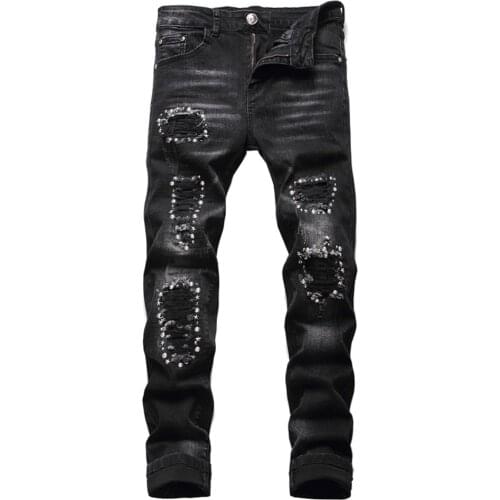 Mens Rivet Holes Ripped Black Denim Jeans Streetwear Stretch Slim Pencil Pants Patchwork Trousers