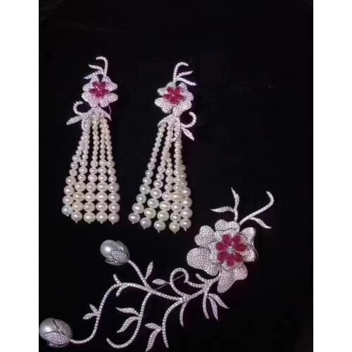 Bridal jewelry sets natural fresh water pearl tassels earring and brooch sets 925 sterling silver flower long earring fine jewel