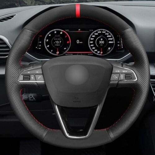 Car Steering Wheel Cover Black Genuine Leather Suede For Seat Leon 2013-2020 Ibiza Alhambra Arona Ateca Tarraco Toledo 2014-2020
