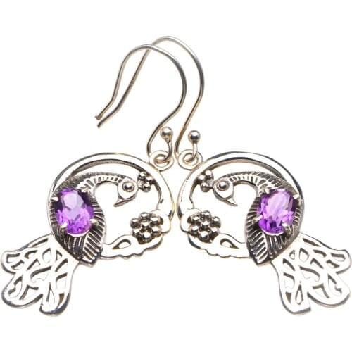 Natural Amethyst Peacock Handmade 925 Sterling Silver Earrings 1.75" D3641