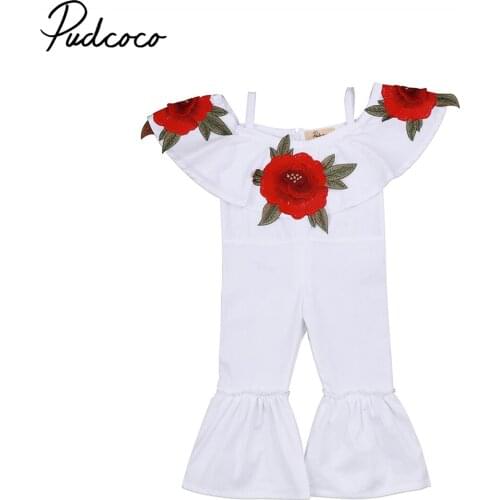 2017 New Brand Newborn Toddler Child Kid Baby Girl Off Shoulder Romper Flower Embroidery Clothes bell-bottom Lovely Outfit 1-6T