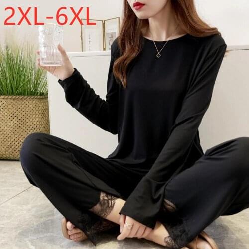 New spring autumn women plus size suits loose long sleeve underwear pajamas sets large lace clothes at home black 4XL 5XL 6XL