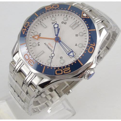 New Arrival 41mm see through back Mechanical Men Watch Sapphire Glass Date GMT Mental Band Rotating Bezel