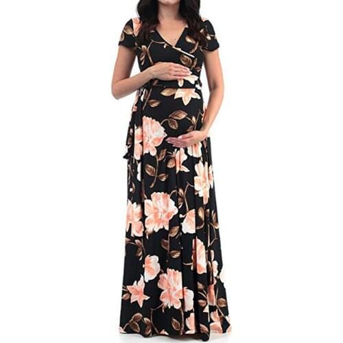 Pregnant Women Clothing Maternity Dresses New V Neck Short Sleeve Print Long Pregnancy Dress Fashion Plus Size Beach Dress