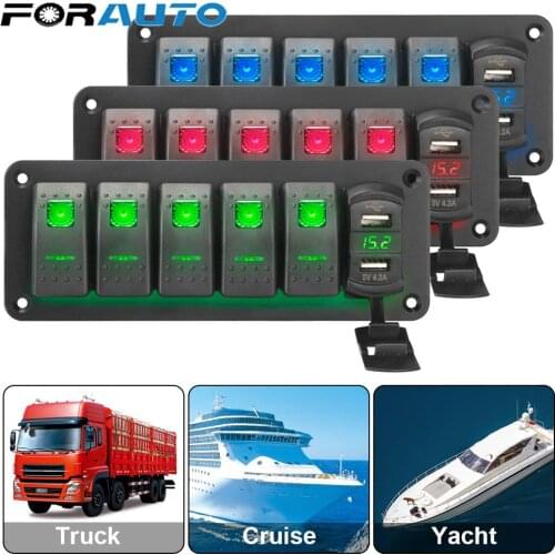 5 Gang Rocker Switch Panel Digital Voltage Display for Marine Car Truck Dual USB Port 4.2A Outlet Combination Waterproof