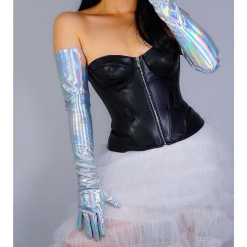 Womens runway fashion colorful patent silver leather slim glove ladys club performance pu leather long glove 70cm R3000
