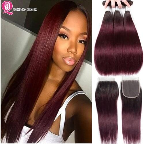 1B 99J Bundles With Closure Ombre Colored Red 2/3/4 Bundles With Closure Peruvian Straight Human Hair Weave Bundles With Closure