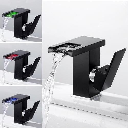 Modern 3 Colors Temperature Sensor Led Faucet Bathroom Sink Faucet Cold and Hot Water Mixer Tap Waterfall Single Handle Sink Tap