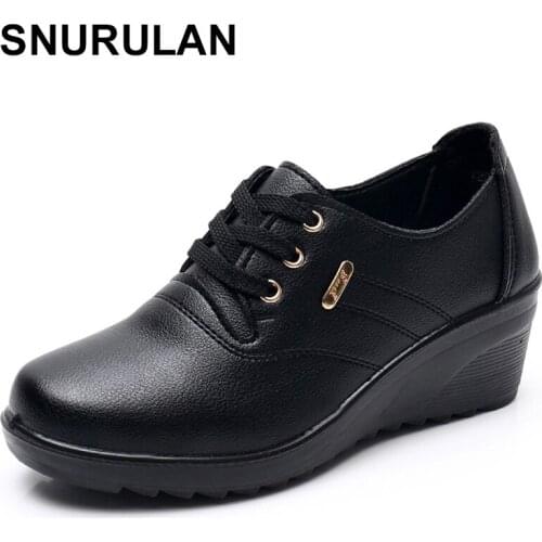 SNURULAN Spring And Autumn Comfortable Non-slip Lace-up Womens Single Shoes Large Size Mother Shoes Ladies Mid-heelLeather Pump