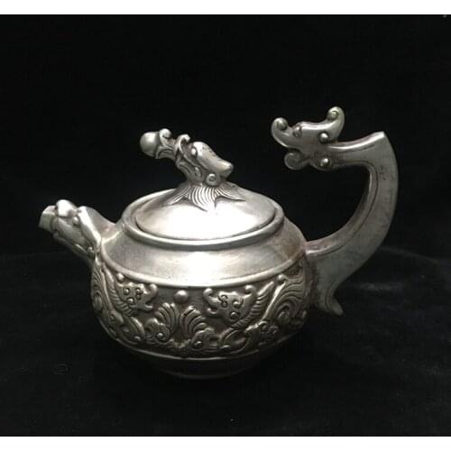 Antique MingDynasty Handmade silver Embossed dragon teapot / jug,Hand-carved crafts,best collection& adornment