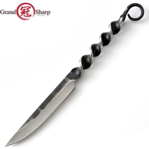 Grandsharp Tactical Knives Handmade Hunting Knife Screw Thread Handle Defense Gadgets Outdoor Sport Kitchen Tools Black Leather