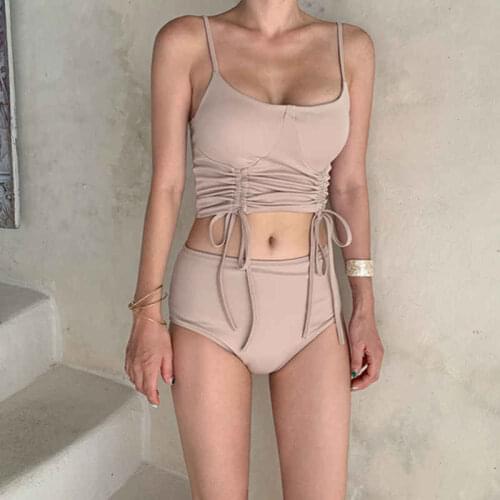 South Korea 2020 new solid color hot spring drawstring was thin high waist small chest gathered steel bracket split sexy triangl