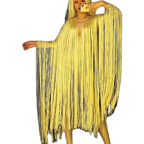 Yellow Long Tassel Playsuits Mesh Gauze Fringes Jumpsuit Party Evening Costume Nightclub Performance Outfit Stage Wear Lady