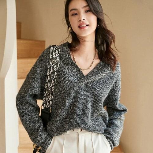 100% Cashmere Sweater Women Simple Design V Neck Loose Pullover Long Sleeve 2 Colors Ladies Knitwear New Fashion