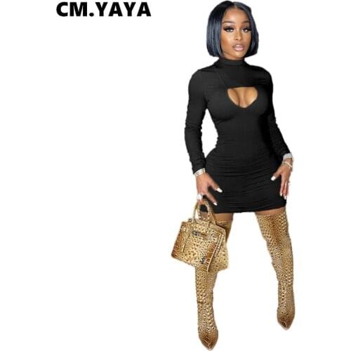 CM.YAYA Women Mini Dress Solid Full Sleeve Hollow Out Half High Collar Stretchy Skinny Pencil Dresses Sexy Fashion Vestidos Fall