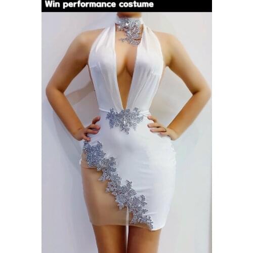 Sparkly Crystals Rhinestones Diamonds white Dresses Luxury Festival Nightclub Evening Party Prom Birthday Dresses Women