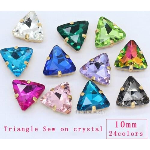 30p 10mm triangle color sew on stitch on crystal glass Flatback rhinestones jewels gold setting Headwear dancing dress DIY craft