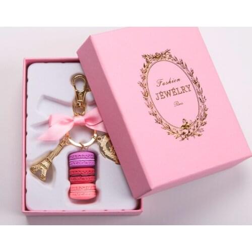 Keychains Effiel Tower Macarons Ribbon Woman Luxury Macarons Cake Keychain on Bag Charm Handbag Charms Car Keychain Gift Box