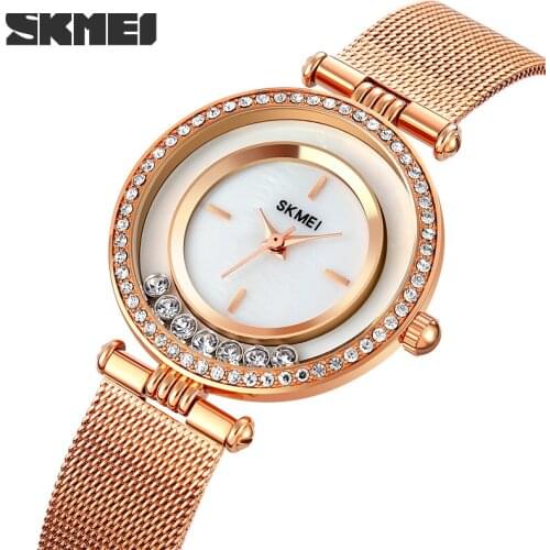 SKMEI Luxury Brand Fashion Womens Watches Stainless Steel Quartz Waterproof Watch For Gift Girls Clock