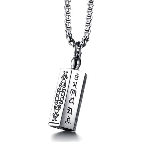 Europe United States Mens Necklaces & Pendants with Six Words of Mantra Stainless Steel Prayer Necklace Can Be Opened Link Chain