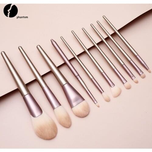 10pcs Set Shinny Champagne Gold Color Makeup Brushes Electriplated Wood Handle Synthetic Concealers Foundation Powder Eye Shadow
