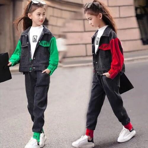 Spring & Autumn Boy Clothing Sets Childrens Suits Girl Fashion Turn Collar Patchwork Denim Jacket Two Pieces Jeans Pantsuits