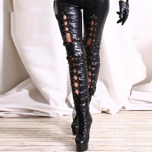Plus Size Black Sexy Wetlook Leather Leggings Bandage Exotic Women Faux Leather Legging Skinny Lace Up Pantalon Gothic Pants