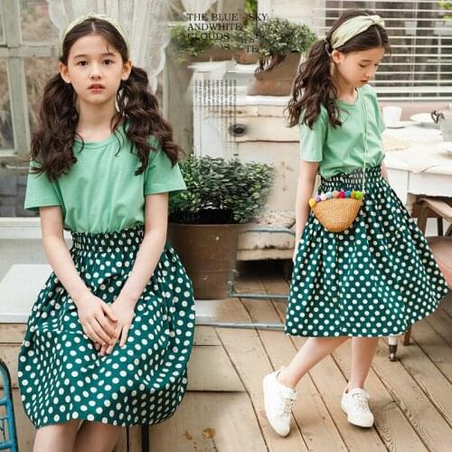 Summer Sets Children Clothing Polka Dot Print Skirt Set for Girls Green Short Sleeve T Shirt Two Pieces Kids Clothes 6 8 10 Year
