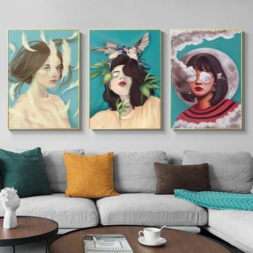 5D DIY Poured Glue Diamond Painting Kits Scalloped Edge NordicComic Girl Canvas Feather Bird Modern Lady Wall Living Room Anime