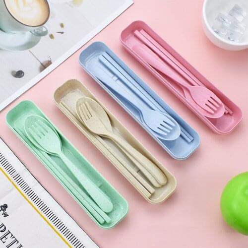 3Pcs/set Travel Cutlery Portable Eco-Friendly Cutlery Box Wheat Straw Knife Fork Spoon Student Dinnerware With Carrying Box
