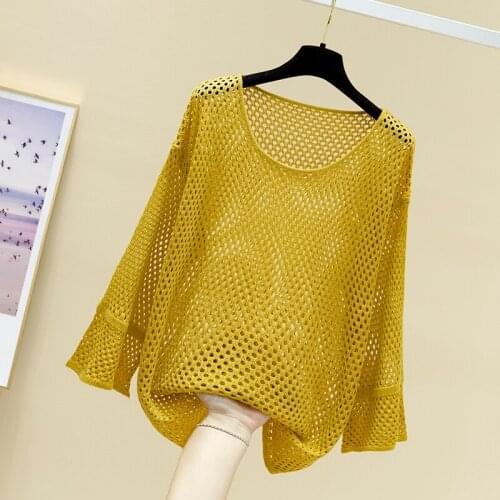 The new spring and summer of 2021 with a thin, hollow out 7 points sleeve knit blouse ms loose languid is lazy wind coat