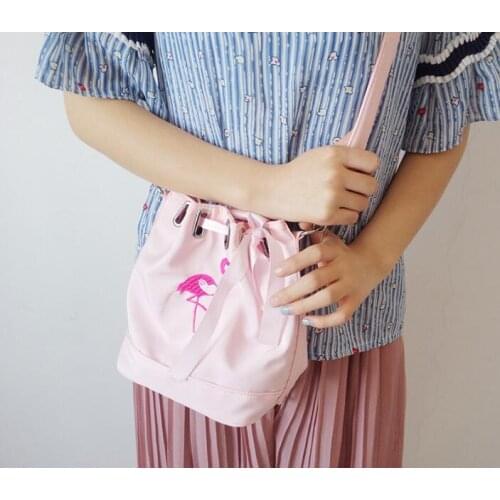 New 2021 Fashion flamingo women messenger bag cute drawstring bucket purse fabric handbag small crossbody shoulder bag Female
