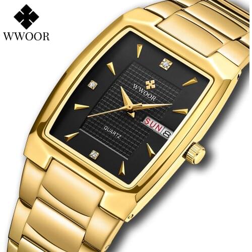 WWOOR 2021 New Mens Watches With Automatic Week Date Top Brand Luxury Gold Black Quartz Square Wristwatch Gift Relogio Masculino