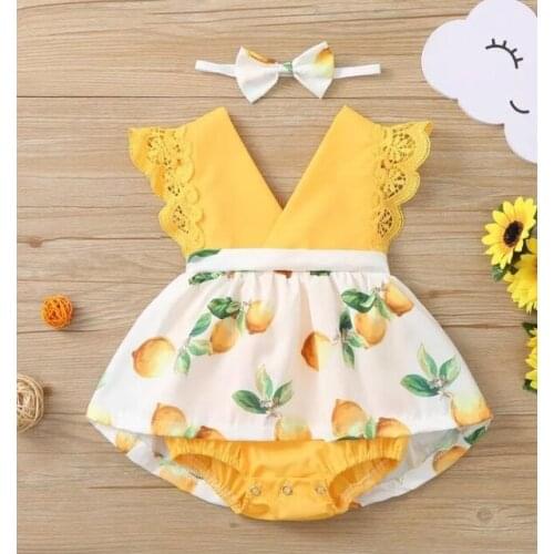 New Baby Lemon Print Clothes Set, Sleeveless V-neck Jumpsuit with Ruffles + Bow-knot Headband