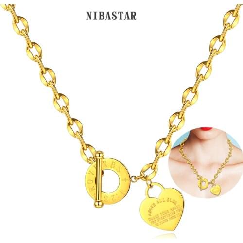 NIBASTAR Heart Pendant Necklace For Women OT Buckle Charm Chain Choker Stainless Steel Fashion Hight Quality Jewelry