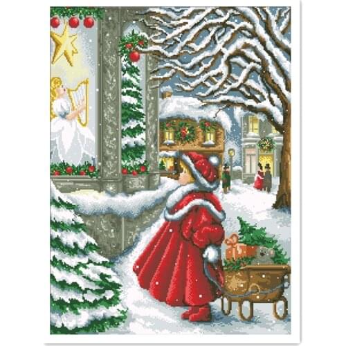 Christmas shopping cross stitch kit winter snow 18ct 14ct 11ct white fabric cotton thread embroidery DIY handmade needlework
