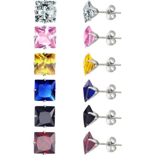 LUXUKISSKIDS 6Pairs/box CZ Stainless Steel Stud Earrings 2020 Square Crytal 3/5/7mm Size Mix Color Earings arete Brinco piercing