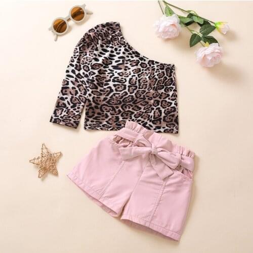 FOCUSNORM 1-6Y Autumn Fashion Kids Girls 2pcs Clothes Sets Leopard Printing Long Sleeve One Shoulder Tops Bowknot Shorts