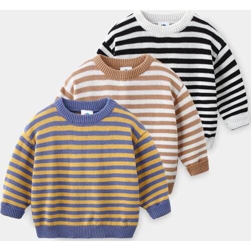 2021 Spring Autumn Winter 2-10 Years O-Neck Knitted School Student Color Patchwork Striped Handsome Sweaters For Baby Kids Boys