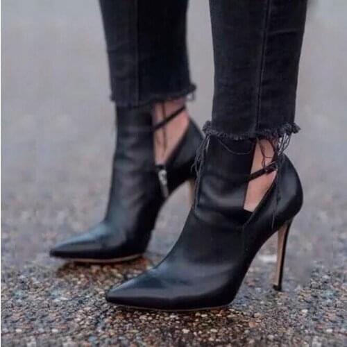 Sexy Black Leather Pointed Toe Strapy Buckle High Heel Pumps Cut-out Thin Heels Women Shoes Chic Gladiator Ankle Boots For Women
